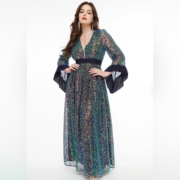 Unique Vintage Dresses & Skirts - Unique Vintage Navy Glitter Sequin Maxi Long Sleeve Dress